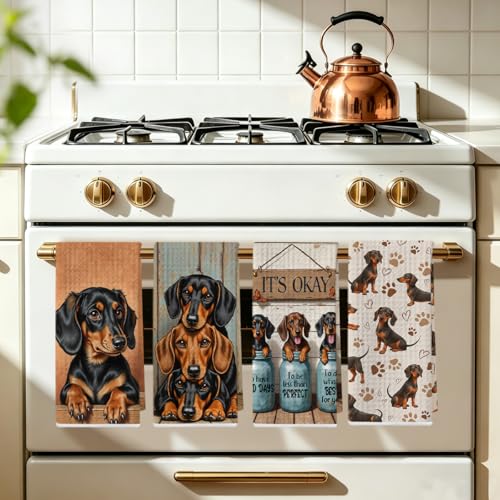 Image of 4 Pcs Dachshund Kitchen Towels 24x14 Inch, Dachshund Gifts Reusable Dish Towels for Kitchen Bathroom Decor, Weiner Dog Hand Cloth Tea Towel, Cute Dog Inspirational Gifts for Women Mom Friend