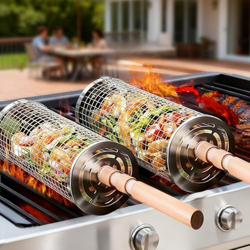 Rollender Grillkorb 2er Set aus Edelstahl 304 mit Abnehmbarem Holzgriff für Gemüse & Meeresfrüchte - Outdoor Grillzubehör für Garten, Ideales Geschenk für Männer und Väter zum Grillen