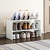 X cosrack 2 Tier Shoe Rack Organizer for Closet Expandable and Adjustable White Shoe Rack Stackable Iron Wood Combination Shoe Storage Shelves for Closets Entryway Small Space Hallway Garage