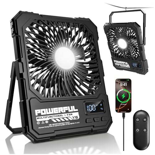 yAyusi 20000mAh Akku Ventilator Camping mit Lampe Tragbarer Reise Ventilator mit Fernbedienung Timer Ultra-Leise Ultraflach 5 Stufen 17-82 Std Laufzeit USB Tischventilator für Outdoor/Zelt/Haus