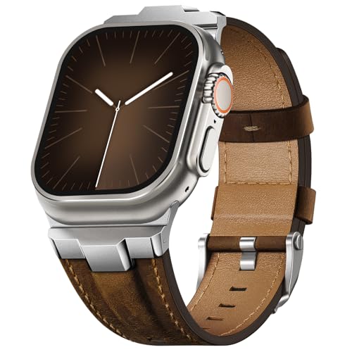Image of Leather bands Compatible With Apple Watch Ultra Band 49mm 46mm 45mm 44mm 42mm, Superior Genuine Leather Rugged Metal Connector Durable Strap for Men iWatch Ultra3 2 1,Series 11 10 9 8 7 6 5 4 3 SE3 SE
