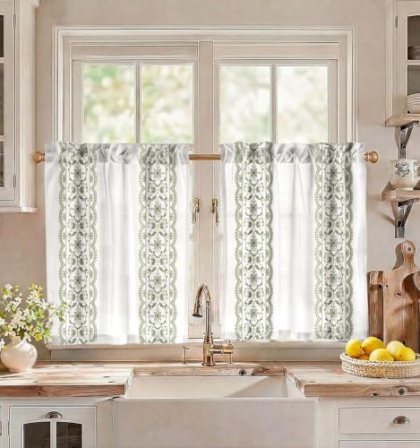 Image of Miss Adola Boho Kitchen Curtains - 30 Inch Length Linen Blend Green Floral Cafe Curtains Farmhouse Tier Curtain Short Drapes Rod Pocket for Bathroom Living Room Windows Light Filtering, 2 Panels