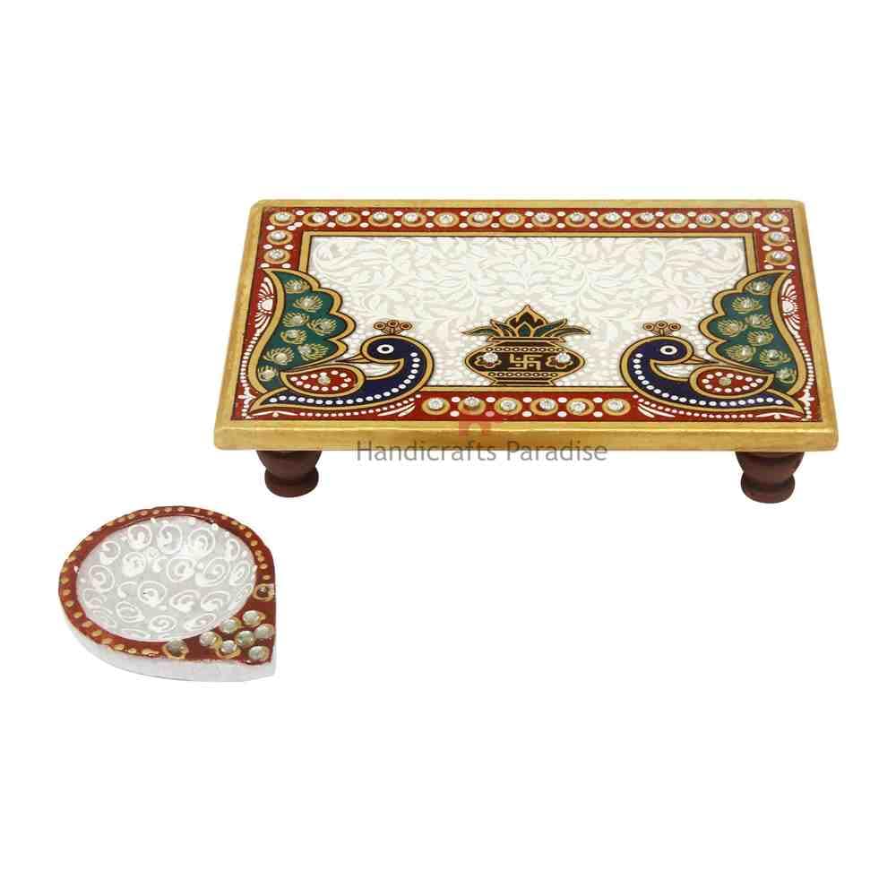 Handicrafts Paradise ( 6 x 4 inch Marble Puja chowki with Diya for God Statues and Temple use Statues Pratima, Home Mandir, Home Décor Showpiece Multicolour