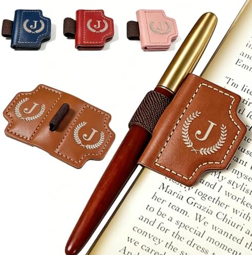 Magnetic Initial Leather Bookmark with Pen Holder(Brown,J) image 2