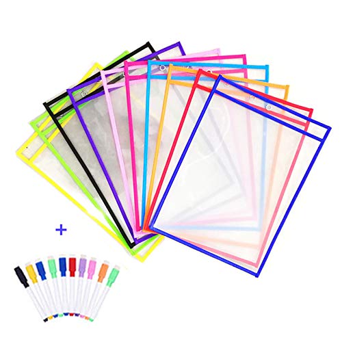 Resuable Dry Erase Pockets Papelería Suministros,10 Piezas Reutilizable Escribir y Limpiar Bolsillos para la Organización en el Aula y Colegio...