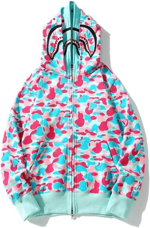 Shark Double-Layer Hooded Zip-Up Hoodie: Trendy Youth Full-Zip Hip Hop Streetwear Sweatshirt for Men