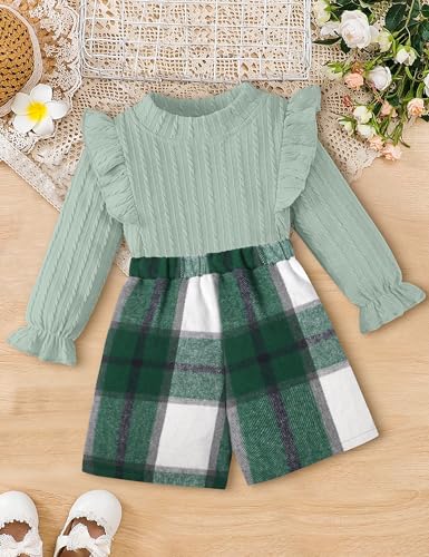 Image of Toddler Girl Clothes, Kids Clothes 2 Piece Ruffle Sleeve Tops Mini Plaid Skirt Skort Fall Winter Outfits Set 3-7T