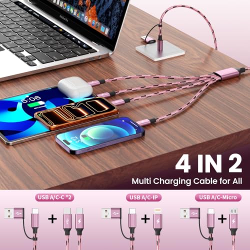 Image of Multi Charging Cable 5FT, 4 in 1 Charging Cables for Multiple Devices Pink