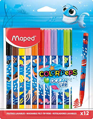 Maped - Felt tip pens Ocean Life - 12 pieces - 2 mm medium tip - perfect for drawing and painting - resistant tip (not blocked) - bold colours - reusable plastic bag