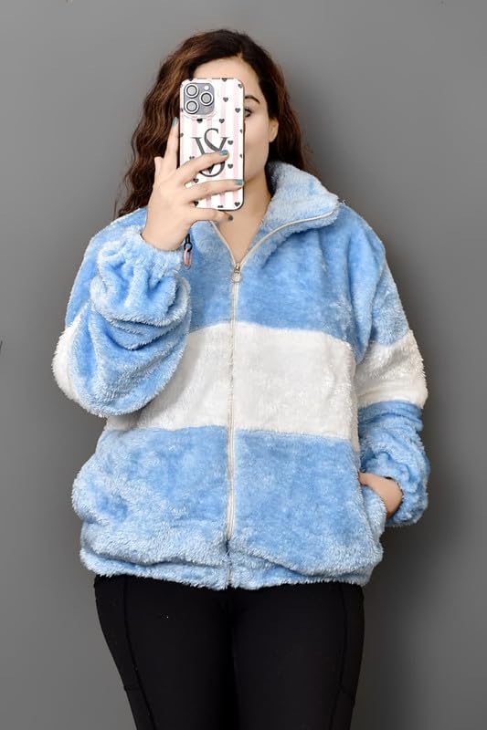 Qadri Fashion Women's Fleece Winter Contrast Jacket, Wool Zip-Up, Soft Fluffy Cold-Weather Outerwear (Blue)-picture-30
