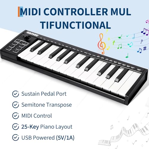 Image of Garvee 25 Key MIDI Controller with DAW Integration, Drum Pads & OLED Screen | Compact 25-Key Layout, 8 Dynamic Drum Pads, Clear OLED Display, Seamless DAW Integration, Versatile Production Tool