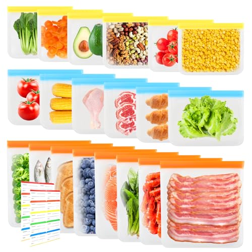 20 Piezas Bolsas de Almacenamiento Reutilizables Silicona Bolsas Congelacion PEVA 3Tamaños Bolsa Conservación Alimentos Silicona Para Alimentos Sándwiche Bocadillo Almacenamiento Almuerzo Viaje Grande