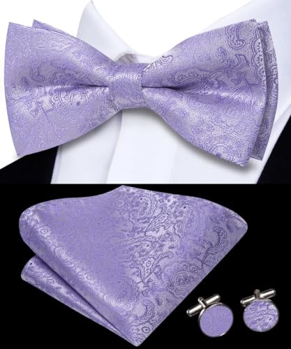 Image of Dubulle Mens Paisley Striped Bowtie Set Pre-tied Bowtie for Men and Pocket Square Set Wedding Business
