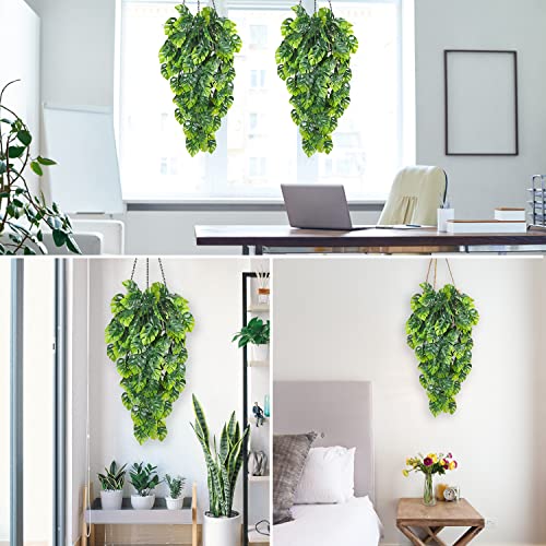 Artificial Hanging Plants 2 Pack, Fake Hanging Monstera Leaves Ivy Vine Faux Greenery Tropical Palm Leaves Outdoor Hanging Plants Uv Resistant Jungle Leaf Plant For Garden Home Hawaiian Party Décor #TOP5