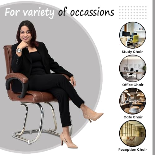 Image of Special Director Principal Office Visitor Study with arm Rest and Cushioned seat Back, Chair Without Wheels, Holds Upto 125 kg Chair (1, Tan, Double Pipe Chrome Frame)