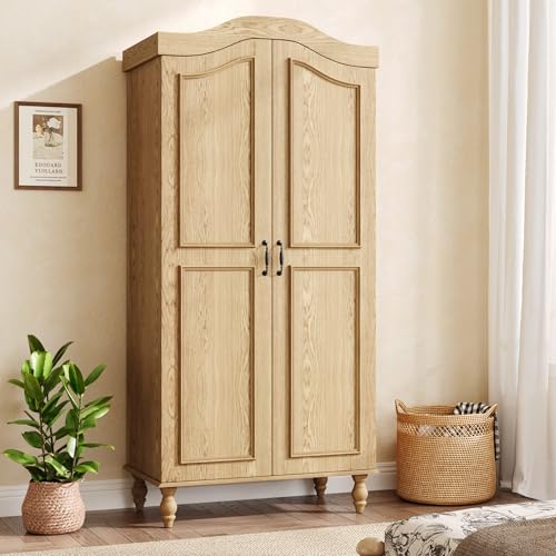NDOHCUO Arched Armoire Wardrobe Closet with 2 Doors, 71" H Wooden Wardrobe Cabinet with Hanging Rod and Shelves, Freestanding Armoire Storage Cabinet for Bedroom, Cloak Room, Natural