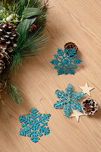48Pcs 4 Inch Pre-Strung Blue Snowflake Ornaments For Christmas Tree Decorations, Hanging Plastic Glitter Snowflake Christmas Ornaments Bulk In Turquoise Blue #TOP2