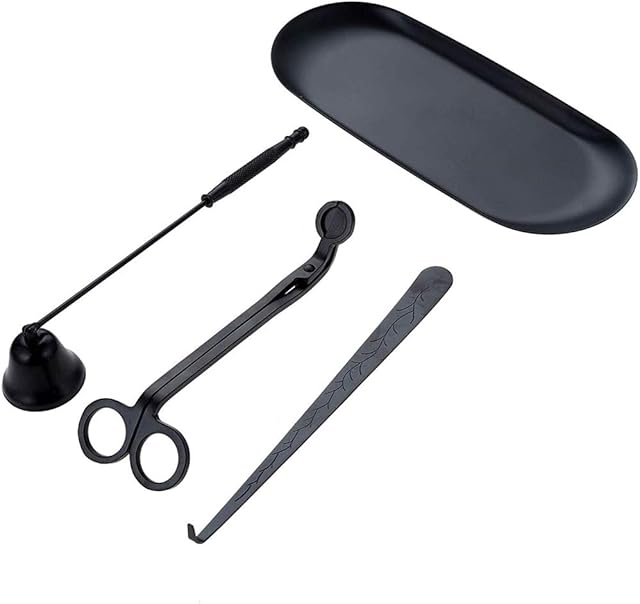 Candle Accessory Set, 4Pcs Candle Care Tools Include Candle Wick Trimmer, Candle Wick Dipper, Candle Wick Snuffer and Storage Tray Plate for Candle Lovers (Black)