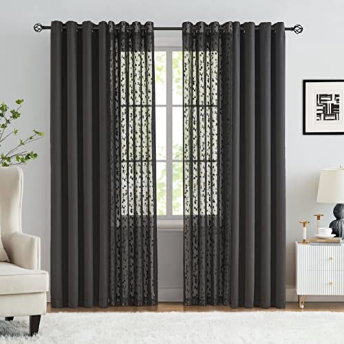 Image of Mix Matched Black Full Blackout & Sheer Leaf Lace Curtains 52 inchWx95L 6Panels