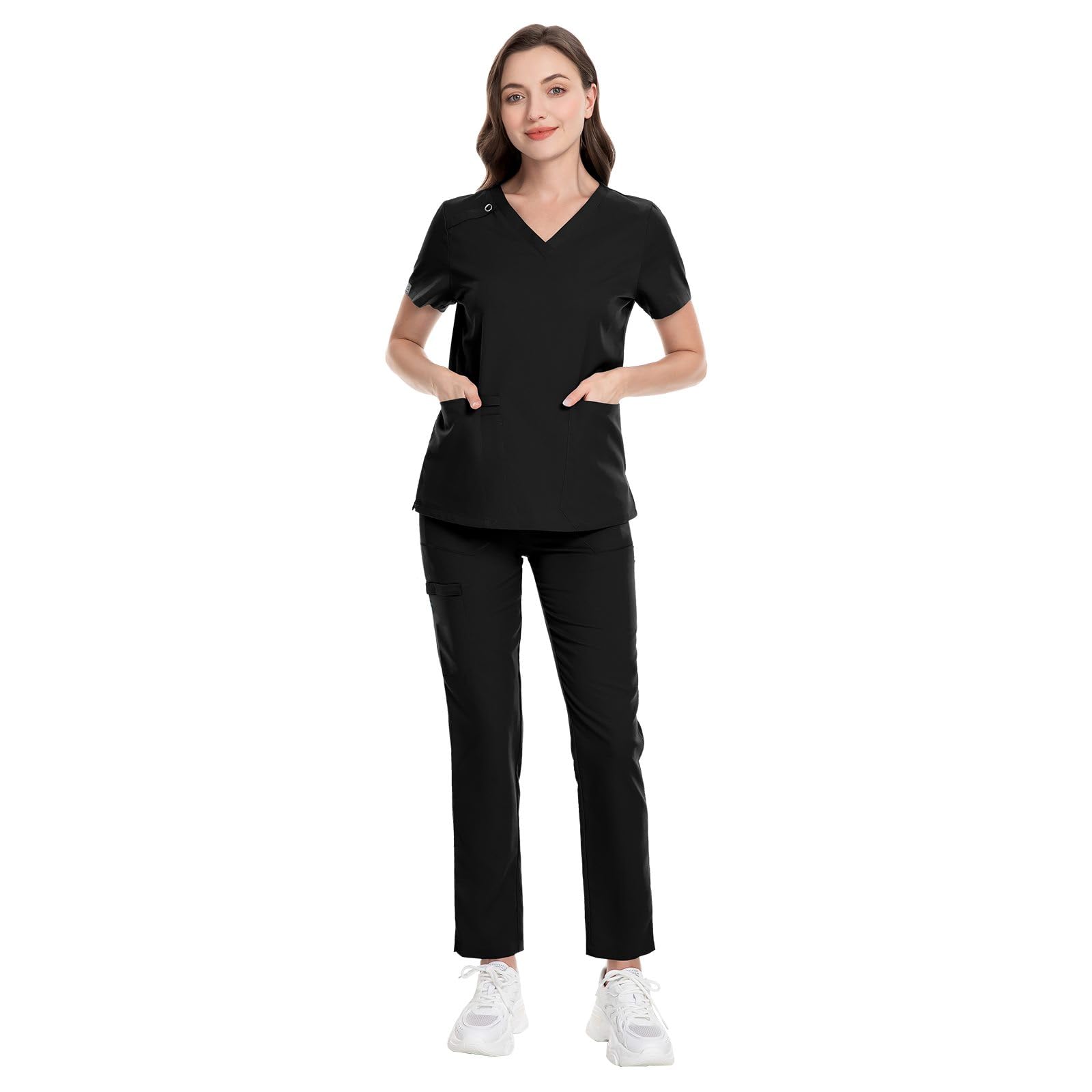 niaahinn Scrubs for Women Set Classic V-Neck Top & Yoga Cargo Pant, Anti-wrinkle, Quality (Black,L)