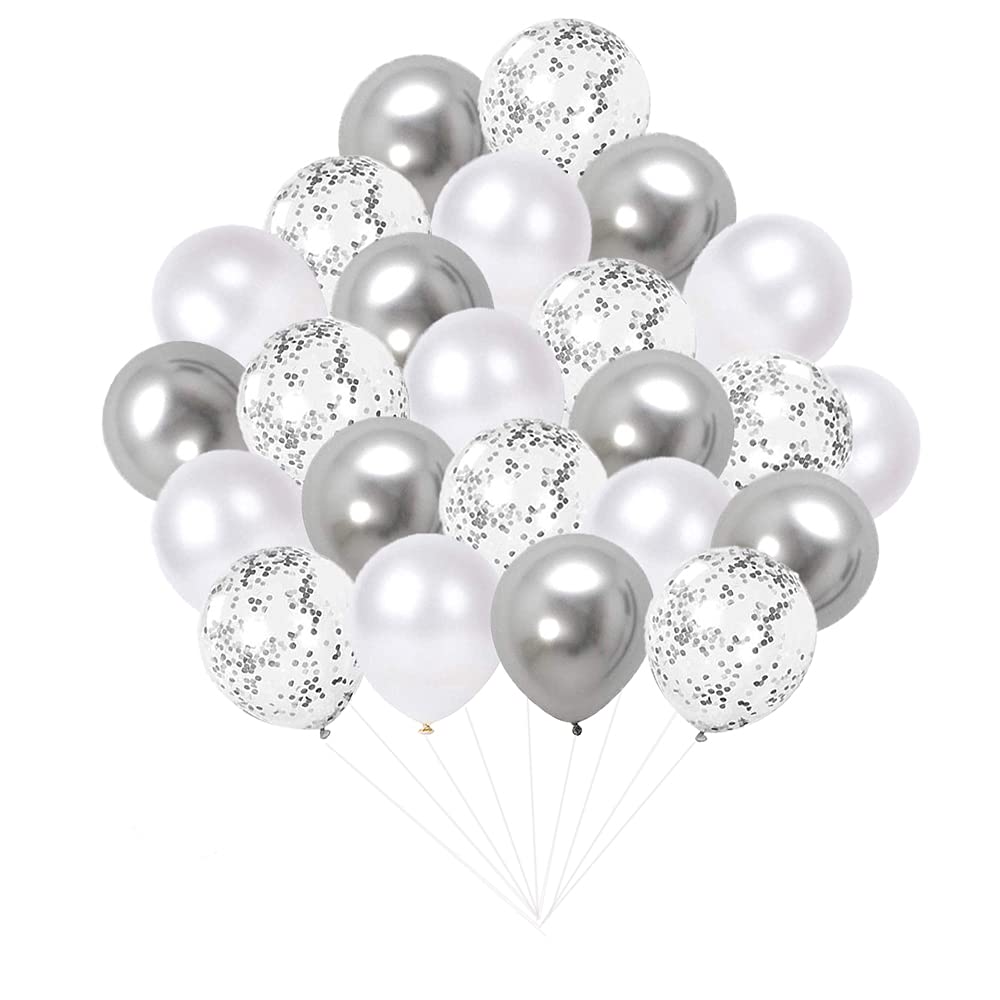 Silver Confetti Balloon, 12Inch 50 Pack Metallic Silver Pearl White Latex Glitter Party Balloon Set for Wedding Birthday Baby Shower Decorations
