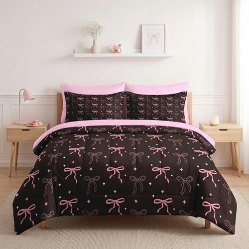 Image of Nesker Bow Comforter Set Queen Size, 7 Pieces Bed in a Bag, Pink Black Bow Bedding Set for Girls, Cute Bowknot Comforter Set with 2 Pillowcase & 2 Sham