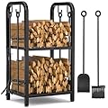 Vailge Firewood Rack Indoor with 4 Pieces Long&Detachable Fireplace Tools, Heavy Duty Steel 2-Tier Firewood Holder Storage, Log Rack for for Fireplace, Fire Pit, Wood Stove Black