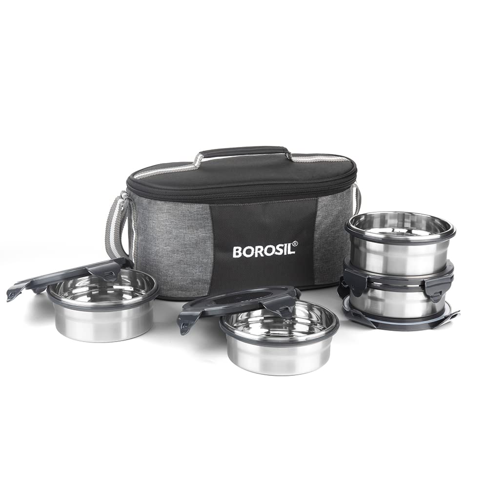Borosil Feast Edelstahl Brotdosen mit Tragetasche, 4er Set (400ml x 2, 250ml x 2), Lunchboxen für Büro & Uni