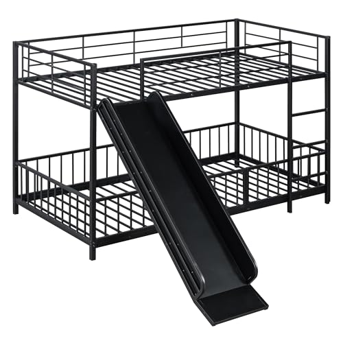 Image of Bellemave Twin Over Twin Bunk Bed with Slide and Ladder, Metal Low Bunk Bed for Kids, Girls, Boys, Removable Fence, with Door, Black