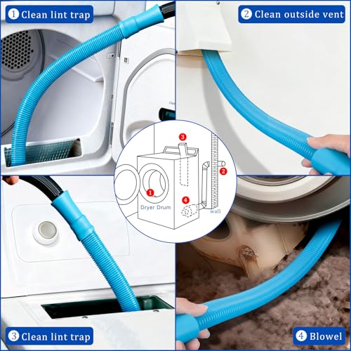Image of Dryer Vent Cleaner Kit with Dryer Vacuum Hose Attachment, 4-in-1 Multi-Lint Remover Brush, Suitable for Most Vacuum Cleaners for Efficient, Safe, and Thorough Dryer Lint Cleaner Tools (Blue)
