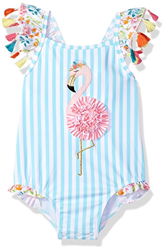 Mud Pie Girls' Flamingo Tassel One Piece Swimsuit, Blue, 0-6 Months