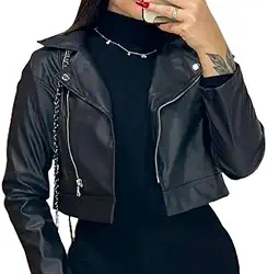 Jaqueta Feminina de Couro Sintético Outono Inverno Elegante com Zíper e Botões