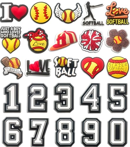 Mowzury Baseball Softball Shoe Charms for Clogs 25PCS Cute Sports and Number Accessories Pins for Decoration Boys Girls Kids Party Favors Gift (Softball)