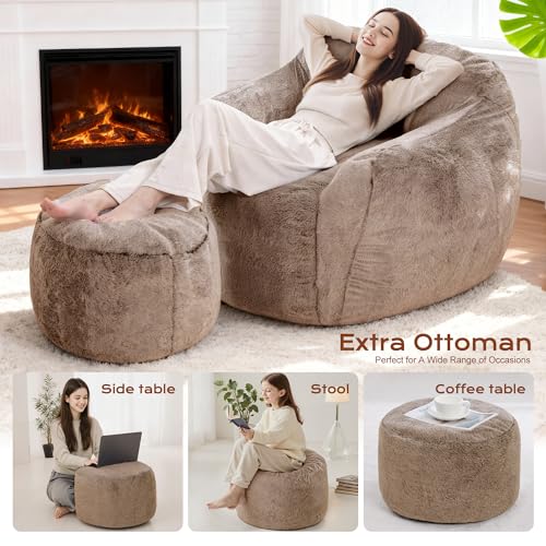 Image of Homguava Giant Bean Bag Chairs for Adults,Large Bean Bag Couch with Ottoman | Big Beanbag Chair with Memory Foam Filled,Oversized Bean Bag Sofa,Faux Fur Floor Sofa Chair for Bedroom Living Room-Khaki