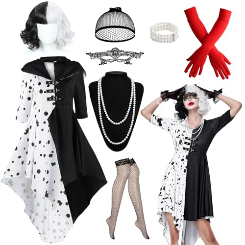 9 Pièces Cruella Déguisement pour Femme, Halloween Set d'accessoires de Devil Cruella avec Robe Tachetée Perruques Noires et Blanches Masque Gants Collier...