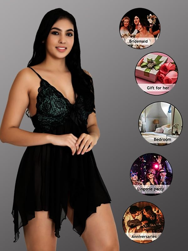 Image of Babydoll Lace Nighty with Adjustable Straps Above Knee V Neck S-3XL