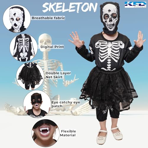 Image of Kaku Fancy Dresses Polyester Skeleton Girl Costume Halloween Dress For Kids Costume -Black, 7-8 Years