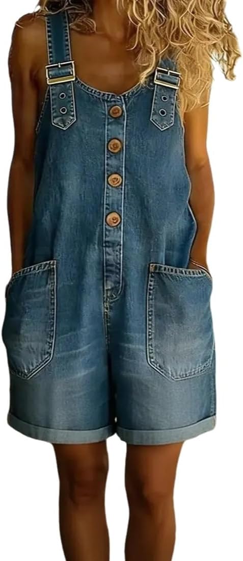 Women's Casual Wash Denim Short Overalls Adjustable Strap Pocketed Romper Vintage Going Out Streetwear