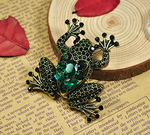 Gyn&Joy Brass Tone Peridot Green Colored Rhinestone Crystal Frog Brooch Pin Vintage Animal Jewelry Bz059 #TOP2