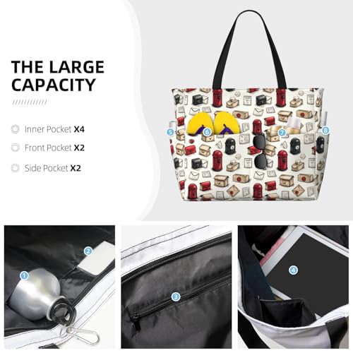 Large Beach Bags for Women Sandproof - Cute Mailbox Print Summer Work Travel Tote Bags with Zipper3
