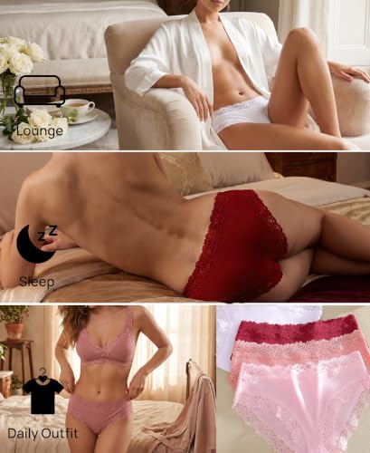 Image of Knowyou Cotton Underwear for Women No Roll Soft Panties No Dig Lace Waist Hipster Breathable Cheeky Lingerie for Women