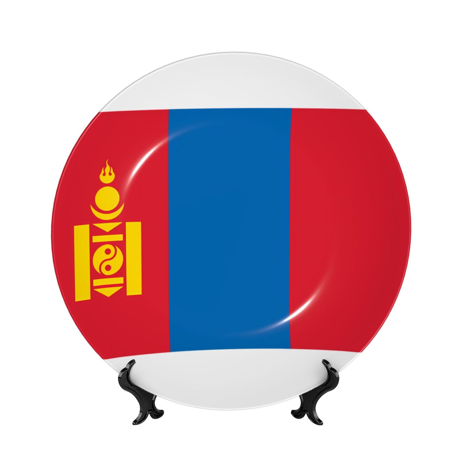 SXZVVBN Mongolian flag Bone China Decorative Plate Art with Stand Removable Adhesive Hanging for Home Office 8in（20cm）