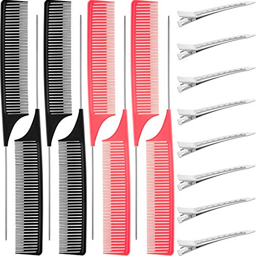 16 Pieces Foiling Parting Comb Highlighting Comb Rat Tail Hair Comb Pintail Comb Heat Resistant Teasing Comb Fine Teeth Hair Styling Comb with Salon Duck Bill Clips for Women Girls Salon Home