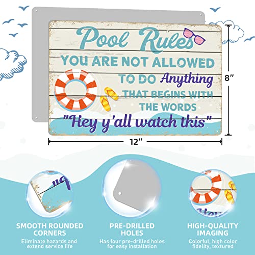 Rousen Pool Decor Sign, Pool Decorations Outdoor, Perfect For Beach, Home, Bar, Pool Deck, And Backyard Walls, Metal Sign Dimensions Are 12X8 Inch, 4 Holes For Easy Hanging - Pool Rules #TOP2