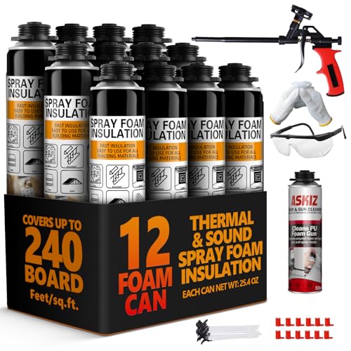 Spray Foam Insulation - Closed Cell Insulation Spray Foam 25.4 oz. Wall & Attic Acoustic Expanding Sealant, Covers Up to 240 Board Feet, Gun & Cleaner Included, 12 Pack