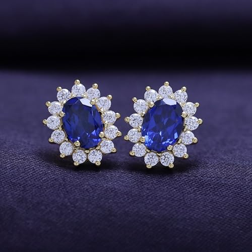 Blue Sapphire Oval Halo Stud Earrings – Simulated Gemstone with Cubic Zirconia, 14K Gold Plated 925 Sterling Silver, Elegant Jewelry for Women, Everyday or Special Occasions2