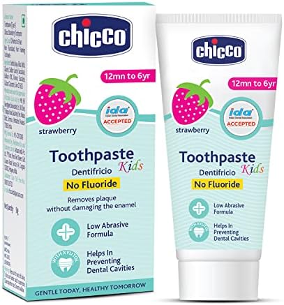 Chicco Toothpaste for Kids, Best for Baby (1y-6y), Strawberry Flavour, 50g | Fluoride-Free & Low Abrasive | Removes Plaque, Helps Prevent Cavities | IDA Accepted