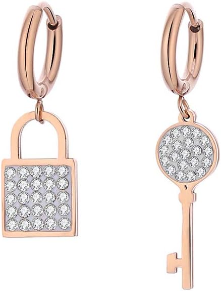 Hypoallergenic Stainless Steel Earrings for Women Hoop Earrings Rose Gold Lock Key Dangle Earrings Shining Crystal Trendy Jewelry for Mom, Lover Gift