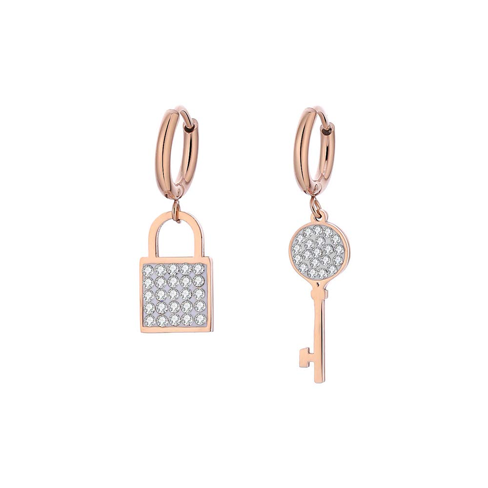 Hypoallergenic Stainless Steel Earrings for Women Hoop Earrings Rose Gold Lock Key Dangle Earrings Shining Crystal Trendy Jewelry for Mom, Lover Gift