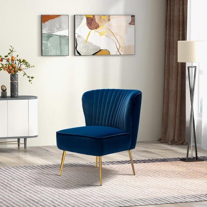Image of Modern Upholstered Accent Velvet Chair Single Seater Channel Tufted Wing Back Chair with Golden Matel Legs for Living Room, Bedroom, Dining Room, Navy Blue